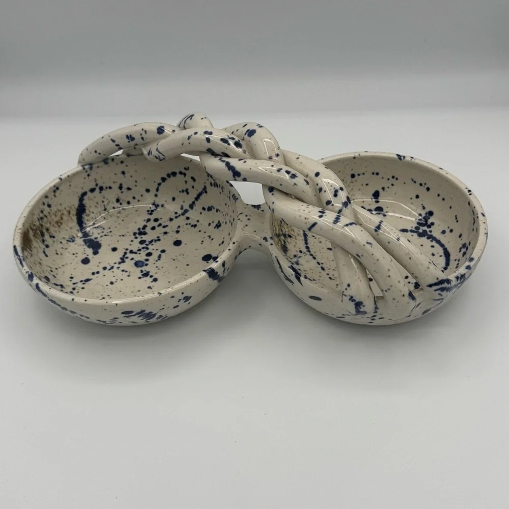 Handcrafted Ceramic Speckled Blue and Gold Dual Double Bowl with Braided Handle